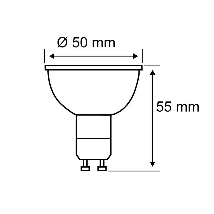 Paulmann Smart-LED-Lampe - GU10, Dimmbar, RGBW, 350 lm, 4,8 W, Chrom - Abbildung einer MR16-Halogenlampe mit den Maßen Ø 50 mm und einer Höhe von 55 mm.\n