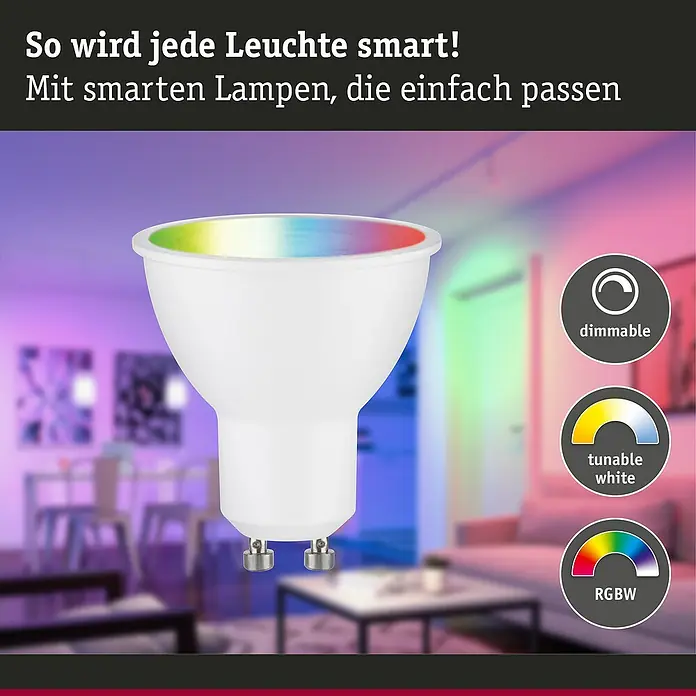 Paulmann Smart-LED-Lampe - GU10, Dimmbar, RGBW, 350 lm, 4,8 W, Weiß - Intelligente Lampe mit einstellbarem Weisslicht und RGBW-Farbwechsel für eine flexible Beleuchtungslösung. Dimmbar für individuelle Lichtstimmungen.