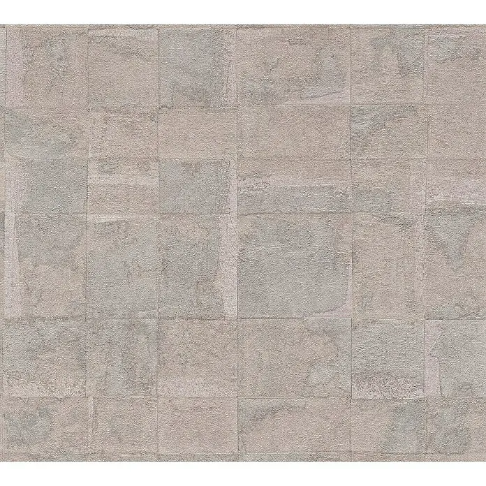 A.S. Création Stories of Life Vliestapete - Gold-Grau Metallic, Grafisch, 10,05 x 0,53 m - Nahaufnahme einer Wand mit rechteckigen, steinartigen Fliesen in einer grau-beige Farbgebung und einer rauen, texturierten Oberfläche.