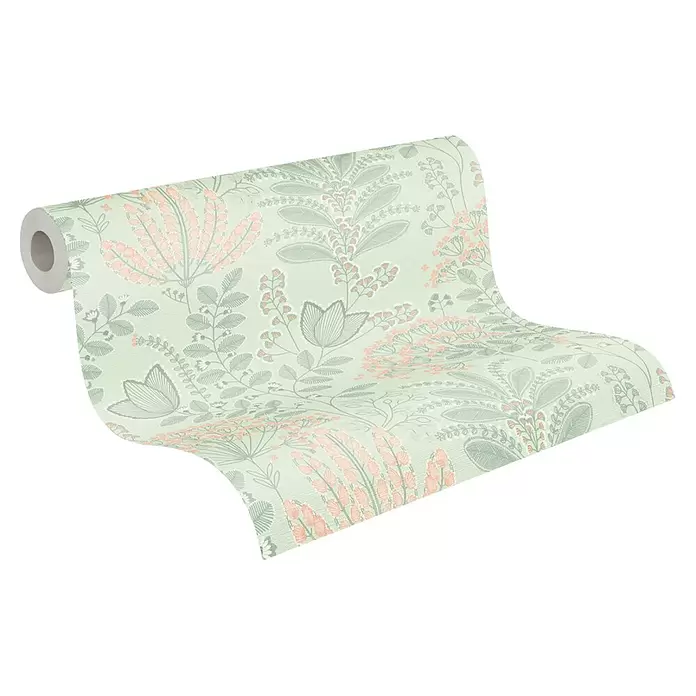 A.S. Création Famous Garden Vliestapete - Grün-Grau-Rosa, Floral, 10,05 x 0,53 m - Ausgerollte hellgrüne Tapete mit floralem Muster in Pfirsich und Grün.