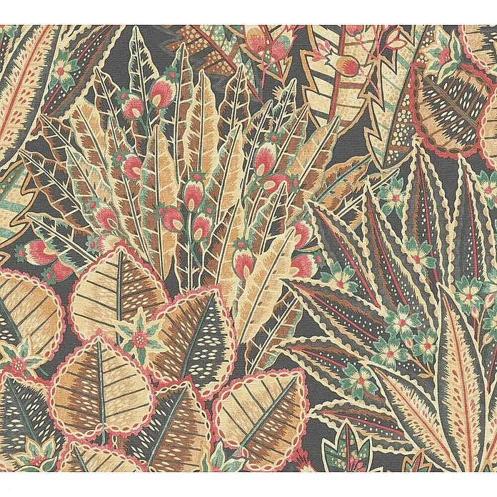 A.S. Création Stories of Life Vliestapete Blumen - Braun-Rot-Schwarz, Floral, 10,05 x 0,53 m - Üppiges Textildesign mit exotischen Blättern und floralen Elementen in warmen Farben. Ein Hauch von Tropen für Ihr Zuhause.