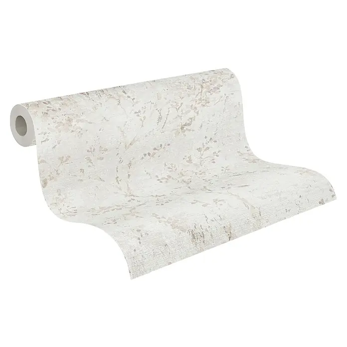 A.S. Création Stories of Life Vliestapete Zweig - Grau-Beige-Lila, Floral, 10,05 x 0,53 m - Eine Rolle stilvoller Tapete mit einem zarten, floralen Muster in neutralen Tönen, die eine elegante und beruhigende Atmosphäre schafft.