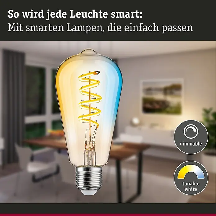 Paulmann Smart-LED-Lampe - E27, Dimmbar, Neutralweiß, 600 lm, 7,5 W, ST64, Tropfen - Smarte Lampe im Vintage-Stil mit dimmbaren und tunable white Funktionen für ein gemütliches Ambiente.