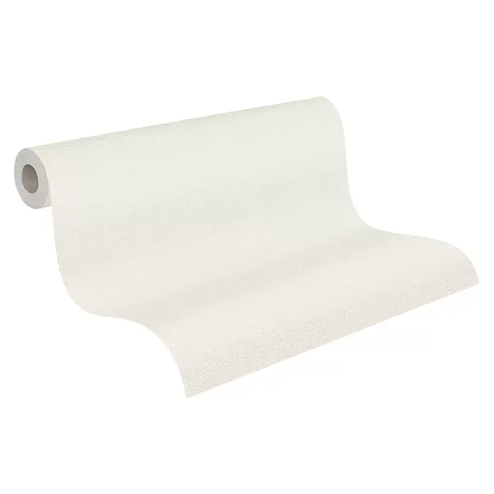A.S. Création Famous Garden Vliestapete - Creme-Weiß, Uni, 10,05 x 0,53 m - Rolle hellbeige strukturierter Tapete, teilweise ausgerollt.