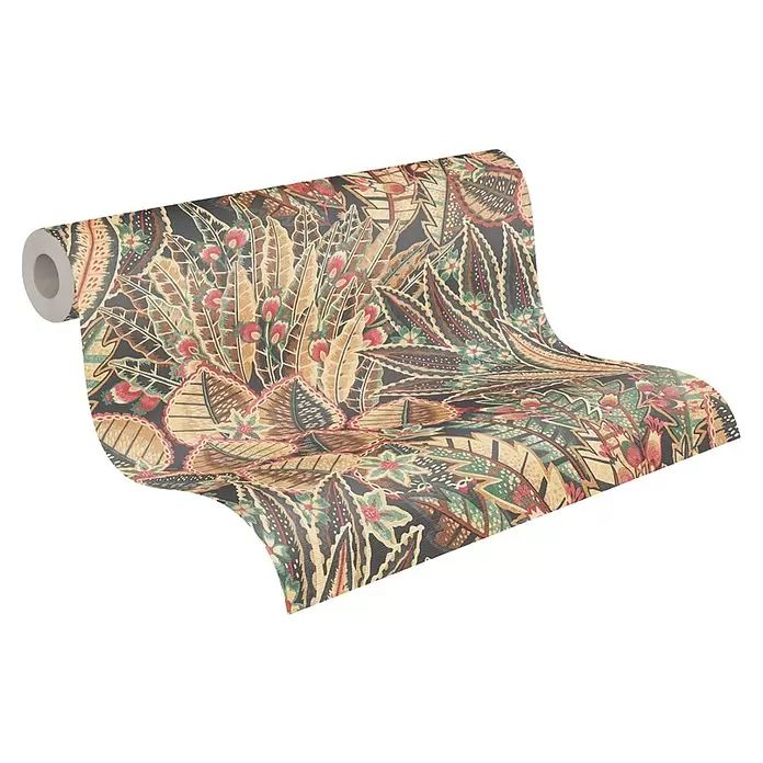A.S. Création Stories of Life Vliestapete Blumen - Braun-Rot-Schwarz, Floral, 10,05 x 0,53 m - Tapetenrolle mit detailliertem botanischem Muster in Erdtönen von Braun, Beige, Grün und Rot auf dunklem Hintergrund.