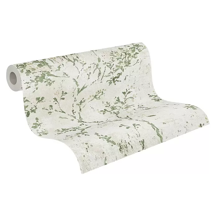 A.S. Création Stories of Life Vliestapete Zweig - Beige-Grün-Gold, Floral, 10,05 x 0,53 m - Rolle strukturierte Tapete mit abstraktem grünem und beigem Blattmuster, teilweise abgerollt.