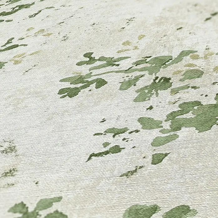 A.S. Création Stories of Life Vliestapete Zweig - Beige-Grün-Gold, Floral, 10,05 x 0,53 m - Nahaufnahme einer strukturierten Tapete mit grünem Blättermuster. Das Design verleiht dem Raum eine natürliche und lebendige Note.