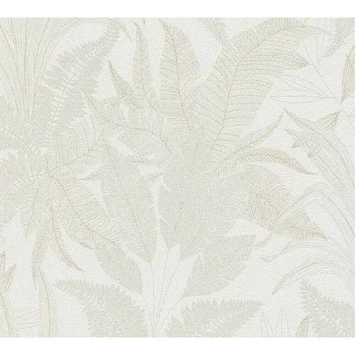 A.S. Création Stories of Life Vliestapete Dschungel - Creme-Beige, Floral, 10,05 x 0,53 m - Elegante Tapete mit üppigem Farnmuster in zarten Weiß- und Grautönen, die eine beruhigende und natürliche Atmosphäre schafft und jedem Raum eine stilvolle Note verleiht.