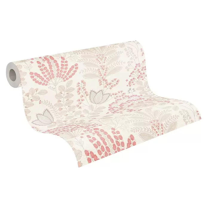 A.S. Création Famous Garden Vliestapete - Weiß-Taupe-Rosa, Floral, 10,05 x 0,53 m - Entrollte Tapete mit zartem Blumenmuster in Rosa und Beige auf cremefarbenem Grund, mit stilisierten Blättern und Blüten.