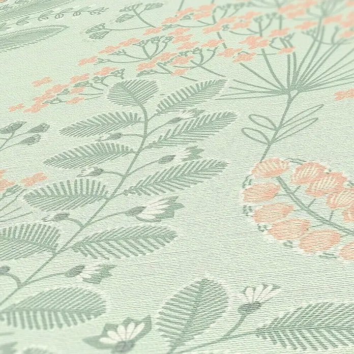 A.S. Création Famous Garden Vliestapete - Grün-Grau-Rosa, Floral, 10,05 x 0,53 m - Nahaufnahme eines Stoffmusters mit zarten Pflanzenzeichnungen in Grün- und Rosatönen auf einem hellen Hintergrund.