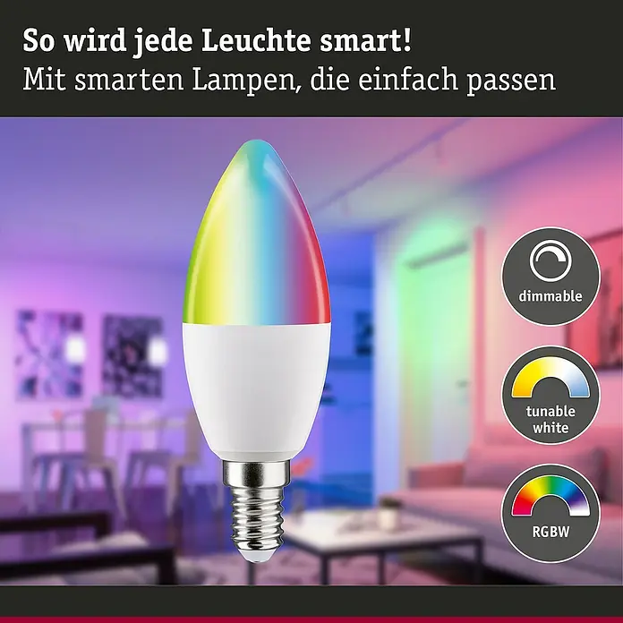 Paulmann Smart-LED-Lampe - E14, Dimmbar, RGBW, 470 lm, 5 W, Kerze - Smart Lampe mit verschiedenen Farben. Dimmbar, tunable white und RGBW Funktion für ein angenehmes, intelligentes Lichterlebnis.