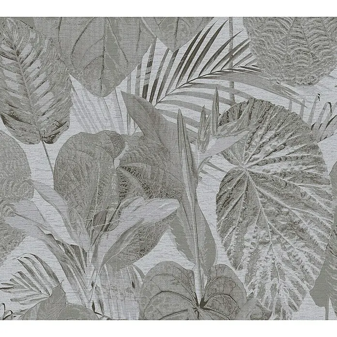 A.S. Création Famous Garden Vliestapete Dschungel - Grau-Anthrazit, Floral, 10,05 x 0,53 m - Detailaufnahme eines grauen Textils mit tropischem Blattmuster, ideal für stilvolle Inneneinrichtung und Dekorationen.