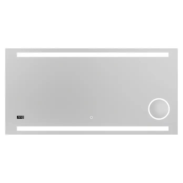 DSK Lichtspiegel Silver Rey - 120 x 60 cm, Silber, Leuchtmittel - Nahaufnahme eines modernen LED-Badezimmerspiegels mit Uhranzeige und runder Beleuchtung für eine stilvolle Atmosphäre.