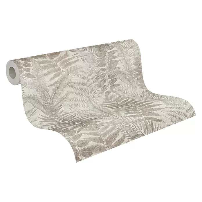 A.S. Création Famous Garden Vliestapete - Grau-Beige-Taupe, Floral, 10,05 x 0,53 m - Teilweise abgerollte beigefarbene Tapete mit zartem Farnmuster.
