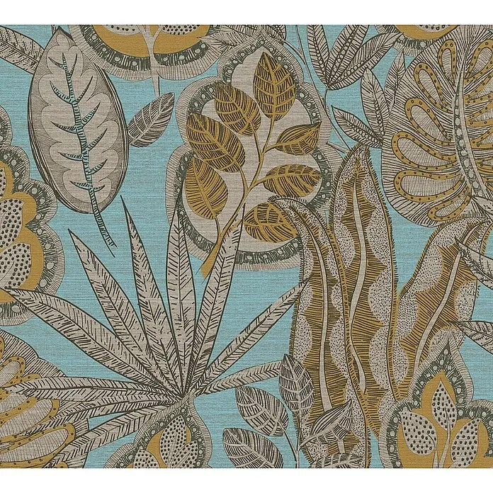 A.S. Création Famous Garden Vliestapete Blatt - Hellblau-Gelb-Braun, Floral, 10,05 x 0,53 m - Detailaufnahme eines blauen Stoffes mit goldenen und braunen botanischen Motiven. Ideal für dekorative Projekte.