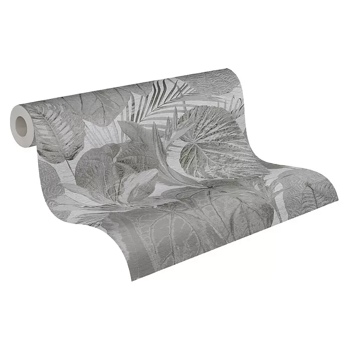 A.S. Création Famous Garden Vliestapete Dschungel - Grau-Anthrazit, Floral, 10,05 x 0,53 m - Rolle grauer und weißer Tapete mit dezentem botanischem Blattmuster, abgerollt, um das Design zu zeigen.
