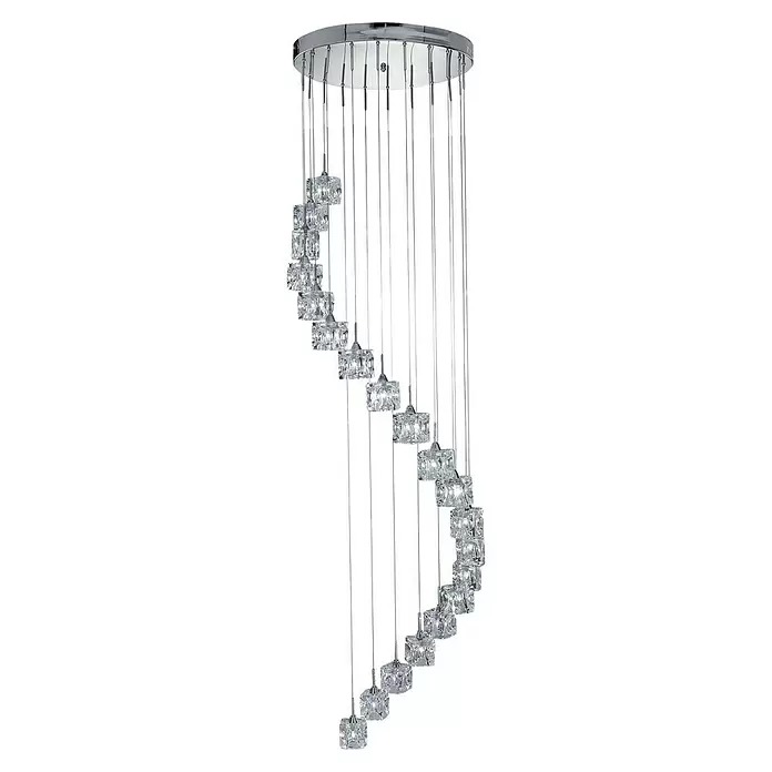 Searchlight Pendelleuchte rund - 3,2 W, Ø x H: 450 mm x 180 cm, Transparent, Chrom - Moderne spiralförmige Kristall-Pendelleuchte mit mehreren quadratischen Kristallanhängern an einer Chrom-Deckenhalterung.