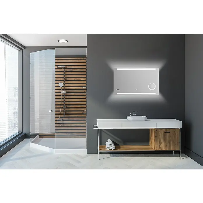 DSK Lichtspiegel Silver Rey - 100 x 60 cm, Leuchtmittel - Badezimmer mit moderner Waschtisch- und Spiegelleuchte-Kombination, die dem Raum ein elegantes und funktionales Design verleiht.