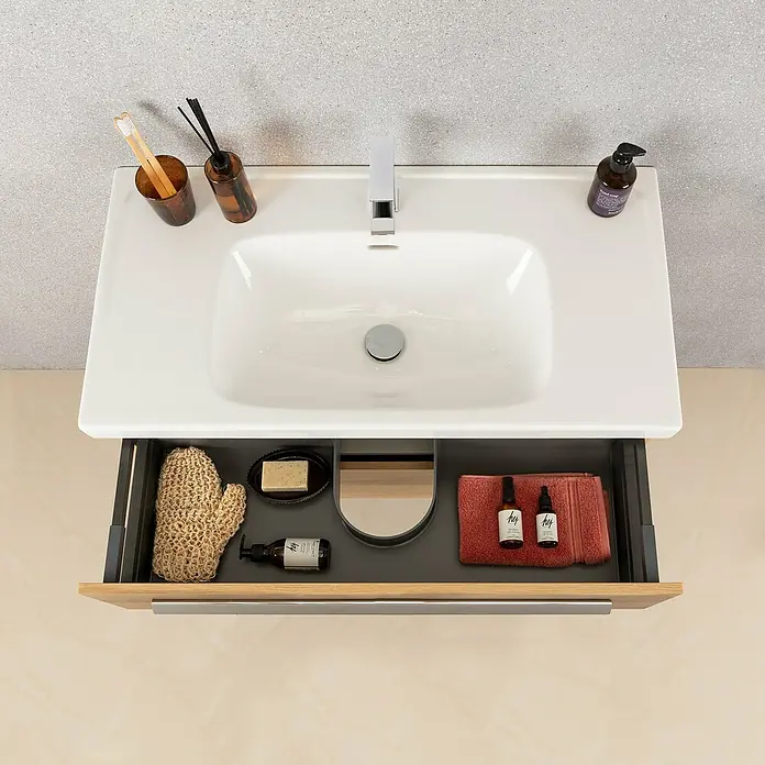 Lanzet K1 Waschtischunterschrank59,2 x 44,3 x 48,3 cm, Berg Eiche - Das Bild zeigt ein modernes Waschbecken mit offenem Schubladen-Design. Perfekt für stilvolle Badezimmer mit durchdachter Organisation.