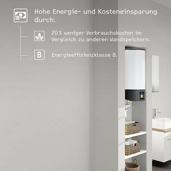 Stiebel Eltron Warmwasserspeicher EW-V 50 Eco - 50 l, Temperaturbereich: 20 °C - 85 °C - Weiß-dunkelgrauer Wand-Warmwasserspeicher in modernem Bad, Energieeffizienzklasse B, 20% weniger Verbrauch.