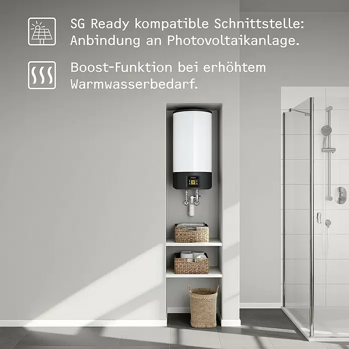 Stiebel Eltron Warmwasserspeicher EW-V 36 Eco - 36 l, Temperaturbereich: 20 °C - 85 °C - Weiß-schwarzer Warmwasserspeicher in Badnische über Regalböden neben Dusche. SG Ready, Boost-Funktion für Heißwasserbedarf.