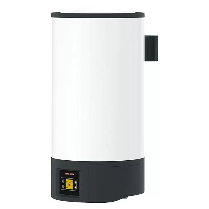 Stiebel Eltron Warmwasserspeicher EW-V 36 Eco - 36 l, Temperaturbereich: 20 °C - 85 °C - Weißer zylindrischer Warmwasserspeicher mit dunkelgrauem Sockel und Oberteil, mit Digitalanzeige von 60°.