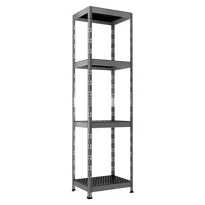 AR Shelving Metallregal Outdoor - H x B x T: 180 x 50 x 38 cm, Traglast pro Boden: 100 kg, Anzahl Böden: 4 Stk., Stecken, Silber - Graues Metallregal mit fünf Ebenen und schwarzen Ablagen, ideal zur Lagerung.