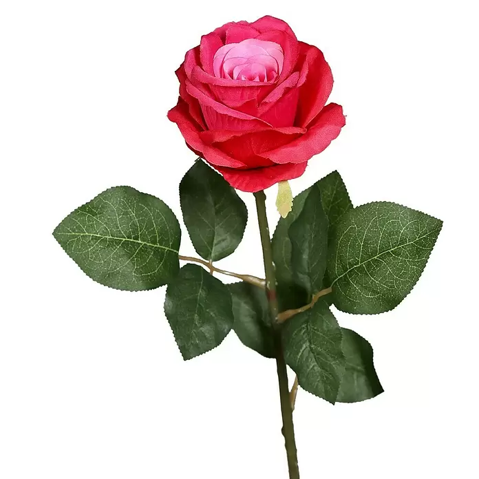 Kunstblume Rose - 48 cm, Pink, Kunststoff - Künstliche rosa-rote Rose mit grünen Blättern und Stiel.