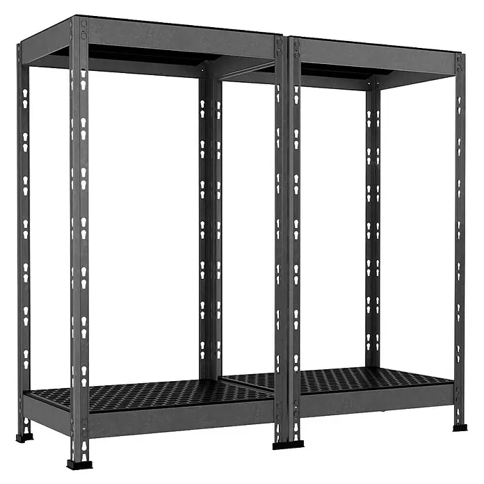 AR Shelving Metallregal Outdoor - H x B x T: 180 x 50 x 38 cm, Traglast pro Boden: 100 kg, Anzahl Böden: 4 Stk., Stecken, Silber - Zwei robuste Industrieregale aus grauem Metall mit schwarzen strukturierten Böden.