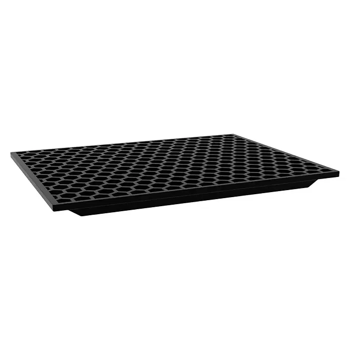AR Shelving Metallregal Outdoor - H x B x T: 180 x 50 x 38 cm, Traglast pro Boden: 100 kg, Anzahl Böden: 4 Stk., Stecken, Silber - Schwarze rechteckige Ablage mit sechseckiger Gitteroberfläche.