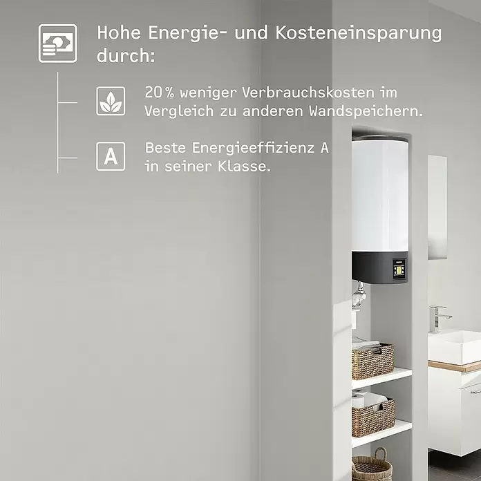 Stiebel Eltron Warmwasserspeicher EW-V 36 Eco - 36 l, Temperaturbereich: 20 °C - 85 °C - Moderner weiß-dunkelgrauer Wandwasserspeicher mit Energieeffizienzklasse A im Badezimmer.