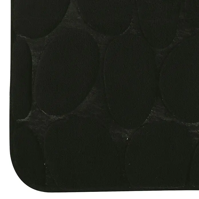 MSV Alfombra de baño Piedras - 60 x 40 cm, Poliéster, Negro - Detalle de una alfombra de baño negra con patrones circulares en relieve, diseñada para la comodidad y la resistencia al deslizamiento en el baño.