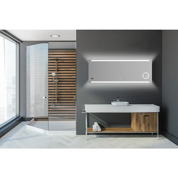 DSK Lichtspiegel Silver Rey - 160 x 60 cm, Silber, Leuchtmittel - Modernes Badezimmer-Interieur mit stilvollem Waschtisch und beleuchtetem Spiegel, der eine elegante Atmosphäre schafft.