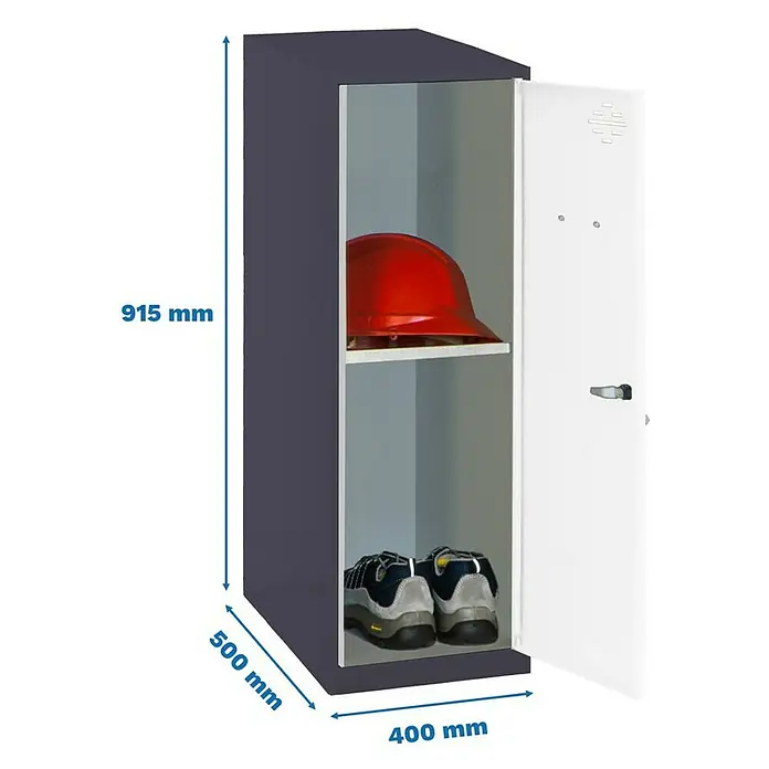 Simonrack Simonlocker Taquilla Mini Desmontada - L x An x Al: 50 x 40 x 91,5 cm, Antracita/Blanco, Número de baldas: 1 ud. - Imagen de una taquilla metálica de vestuario con una altura de 915 mm, una profundidad de 500 mm y una anchura de 400 mm.