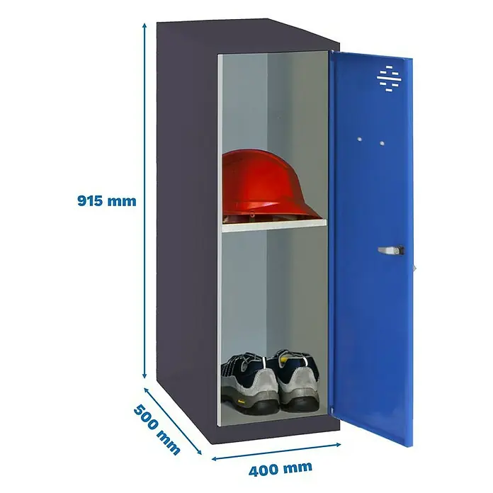 Simonrack Simonlocker Taquilla Mini Desmontada - L x An x Al: 50 x 40 x 91,5 cm, Antracita/Azul, Número de baldas: 1 ud. - La imagen muestra un armario azul con dimensiones de 915 x 500 x 400 mm, lleno de un casco rojo y zapatos.