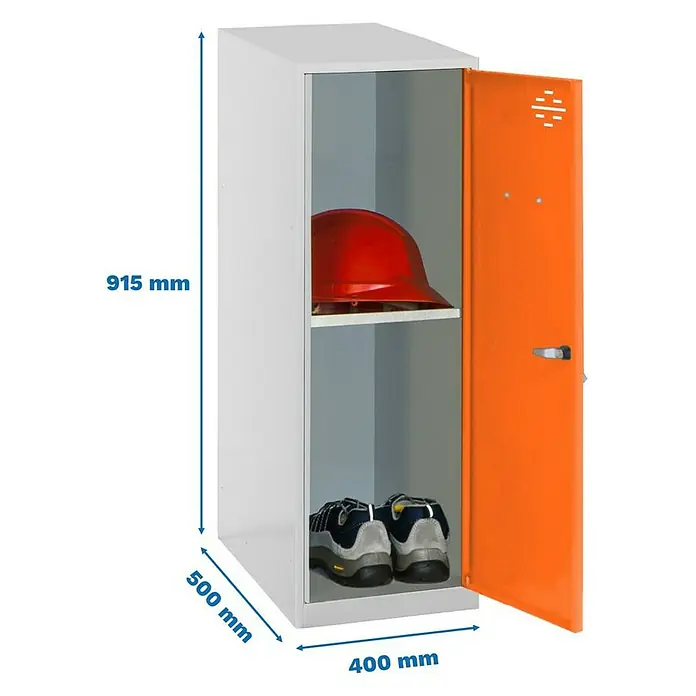 Simonrack Simonlocker Taquilla Mini Desmontada - L x An x Al: 50 x 40 x 91,5 cm, Gris/Naranja, Número de baldas: 1 ud. - Imagen de una taquilla metálica con puerta naranja, un casco rojo y zapatos. Las medidas de la taquilla son 915 x 500 x 400 mm.