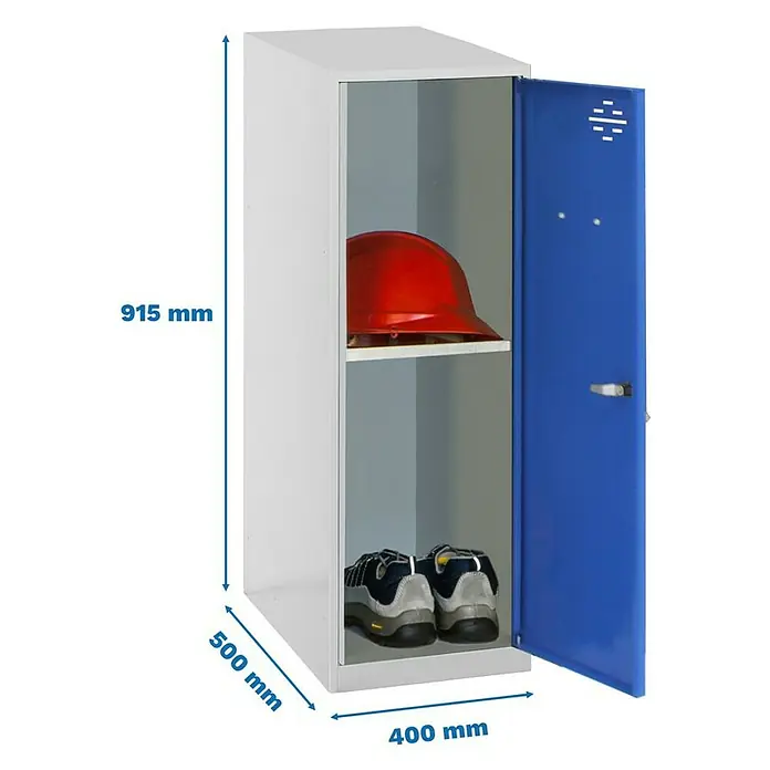 Simonrack Simonlocker Taquilla Mini Desmontada - L x An x Al: 50 x 40 x 91,5 cm, Gris/Azul, Número de baldas: 1 ud. - Imagen de una taquilla azul y blanca, con unas dimensiones de 915 mm de alto, 500 mm de ancho y 400 mm de fondo.