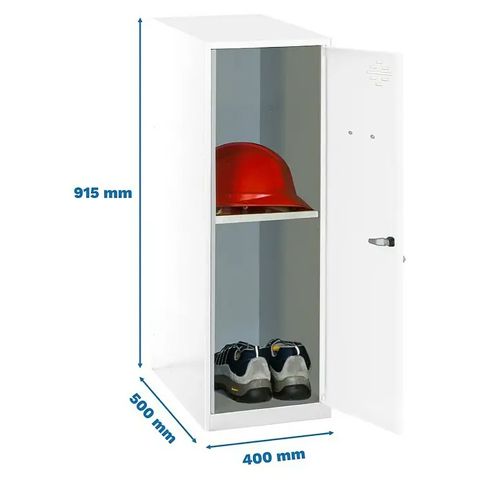 Simonrack Simonlocker Taquilla Mini Desmontada - L x An x Al: 50 x 40 x 91,5 cm, Blanco/Blanco, Número de baldas: 1 ud. - Imagen de un armario metálico blanco con una puerta, con casco y zapatos en el interior y dimensiones proporcionadas.