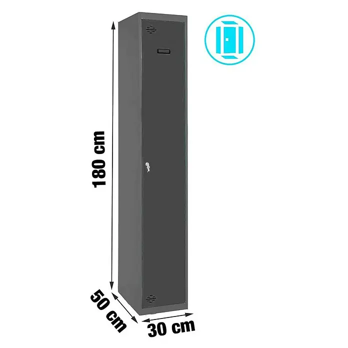 Simonrack Simonlocker Taquilla Single Inicial Desmontada - L x An x Al: 50 x 30 x 180 cm, Número de puertas: 1 ud., Antracita/Antracita - Imagen del producto de un armario metálico gris con dimensiones 180 x 50 x 30 cm, ideal para oficina o vestuario. Construcción robusta y con cerradura.
