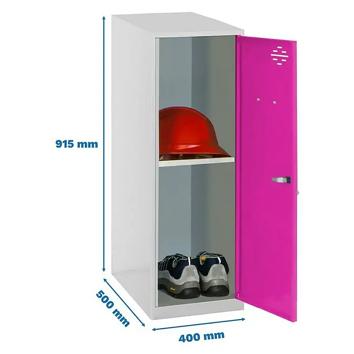 Simonrack Simonlocker Taquilla Mini Desmontada - L x An x Al: 50 x 40 x 91,5 cm, Gris/Rosa, Número de baldas: 1 ud. - Imagen del producto de una taquilla gris con una puerta rosa abierta que guarda un casco rojo y un par de zapatos.