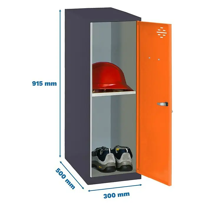 Simonrack Simonlocker Taquilla Mini Desmontada - L x An x Al: 50 x 30 x 91,5 cm, Antracita/Naranja, Número de baldas: 1 ud. - Imagen de una taquilla de vestuario abierta en antracita y naranja con dimensiones 915 x 500 x 300 mm.