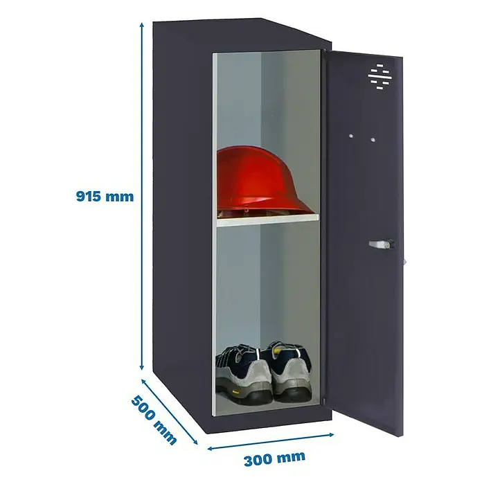 Simonrack Simonlocker Taquilla Mini - L x An x Al: 50 x 30 x 91,5 cm, Número de puertas: 1 ud., Antracita/Antracita - Presentación de un casillero con sombrero y zapatos.