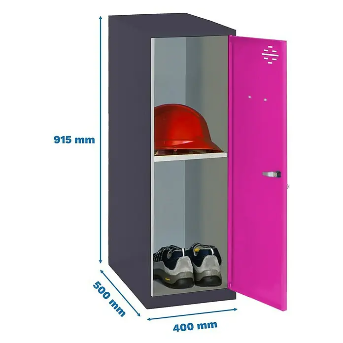 Simonrack Simonlocker Taquilla Mini Desmontada - L x An x Al: 50 x 40 x 91,5 cm, Antracita/Rosa, Número de baldas: 1 ud. - Imagen de un casillero con un compartimento abierto de color rosa, en cuyo interior se guardan un casco rojo y unos zapatos.