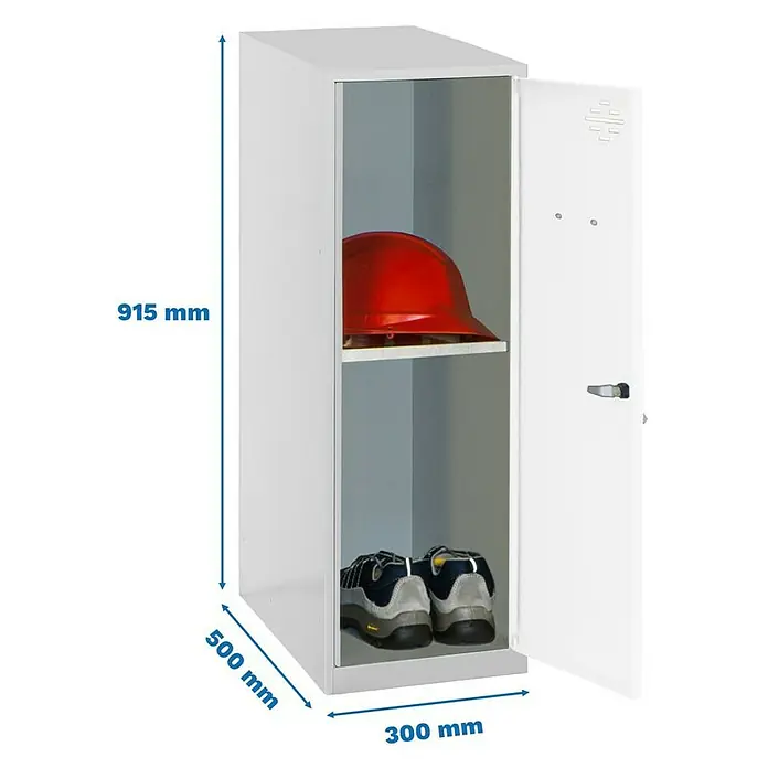 Simonrack Simonlocker Taquilla Mini Desmontada - L x An x Al: 50 x 30 x 91,5 cm, Gris/Blanco, Número de baldas: 1 ud. - Fotografía del producto de una taquilla blanca con un casco rojo y zapatos de trabajo con dimensiones de 915 mm de altura, 500 mm de profundidad y 300 mm de ancho.