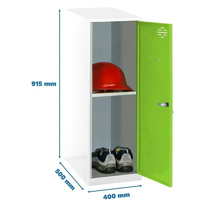 Simonrack Simonlocker Taquilla Mini Desmontada - L x An x Al: 50 x 40 x 91,5 cm, Blanco/Verde, Número de baldas: 1 ud. - Imagen de un armario metálico blanco con puerta verde, lleno de un casco y zapatos. Las dimensiones están indicadas.