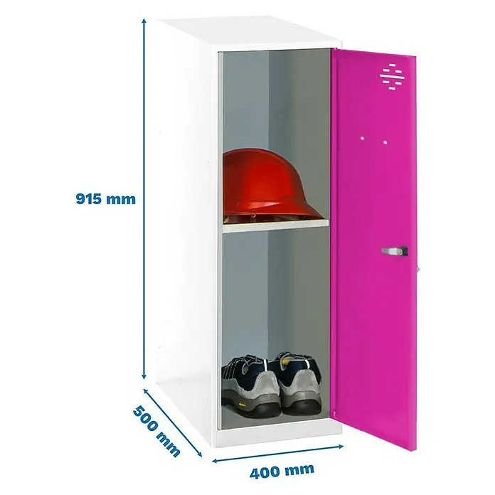 Simonrack Simonlocker Taquilla Mini Desmontada - L x An x Al: 50 x 40 x 91,5 cm, Blanco/Rosa, Número de baldas: 1 ud. - Taquilla abierta con unas medidas de 915 mm de alto, 500 mm de profundidad y 400 mm de ancho, con casco y zapatos.
