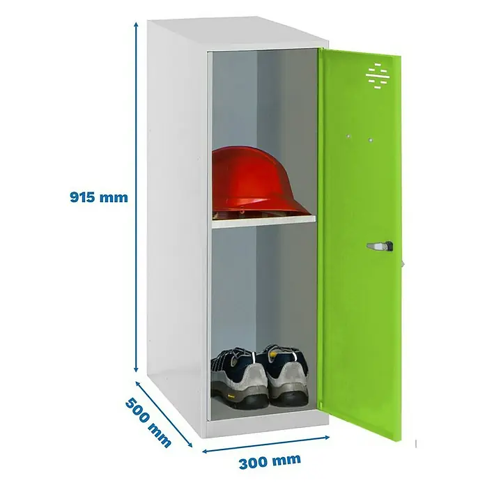Simonrack Simonlocker Taquilla Mini Desmontada - L x An x Al: 50 x 30 x 91,5 cm, Gris/Verde, Número de baldas: 1 ud. - Un armario de una sola puerta con un compartimento verde, dimensiones de 915 mm de altura, 500 mm de ancho y 300 mm de profundidad, equipado con casco y zapatos.