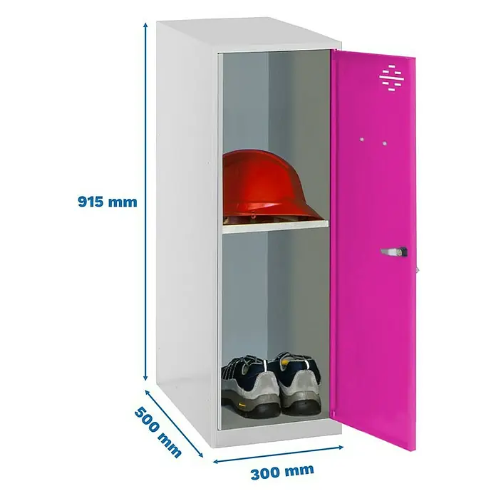 Simonrack Simonlocker Taquilla Mini Desmontada - L x An x Al: 50 x 30 x 91,5 cm, Gris/Rosa, Número de baldas: 1 ud. - Esta imagen muestra un armario blanco con una puerta rosa, que contiene un casco y zapatos, con las dimensiones del armario indicadas.