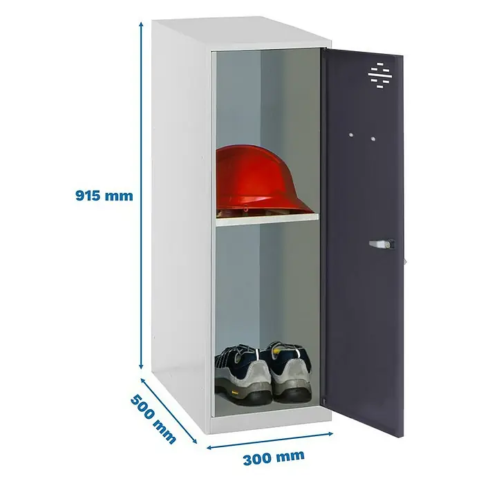 Simonrack Simonlocker Taquilla Mini Desmontada - L x An x Al: 50 x 30 x 91,5 cm, Gris/Antracita, Número de baldas: 1 ud. - La imagen muestra un armario gris con una puerta abierta. En el interior, hay un casco rojo y un par de zapatos en los estantes. Se muestran las dimensiones del armario.