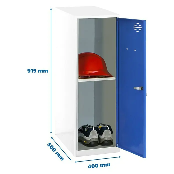 Simonrack Simonlocker Taquilla Mini Desmontada - L x An x Al: 50 x 40 x 91,5 cm, Blanco/Azul, Número de baldas: 1 ud. - Imagen de un casillero metálico azul y blanco con sombrero y zapatos con dimensiones de 915 mm de alto, 500 mm de profundidad y 400 mm de ancho.